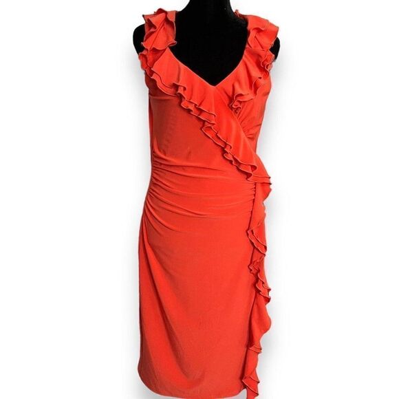 Nueva Sheath Dress Womens Size 4 Salmon Pink Ruffles Stretch Retro Canada Party - Picture 1 of 14